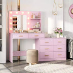 Toeletta da trucco rosa da 61" con specchio e luci, 8 cassetti, mensole a 2 livelli, LED regolabile a 3 modalità, robusto MDF per camera da letto