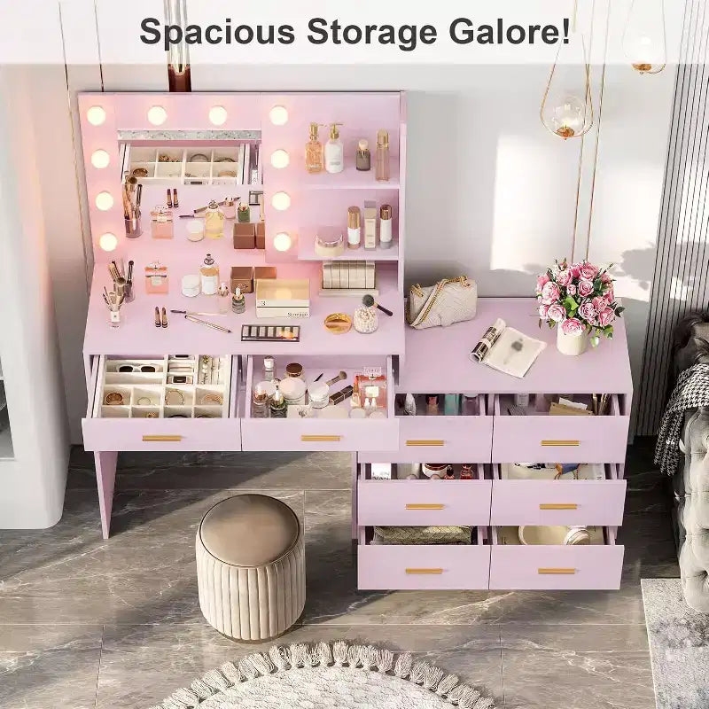 Toeletta da trucco rosa da 61" con specchio e luci, 8 cassetti, mensole a 2 livelli, LED regolabile a 3 modalità, robusto MDF per camera da letto