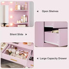 Toeletta da trucco rosa da 61" con specchio e luci, 8 cassetti, mensole a 2 livelli, LED regolabile a 3 modalità, robusto MDF per camera da letto