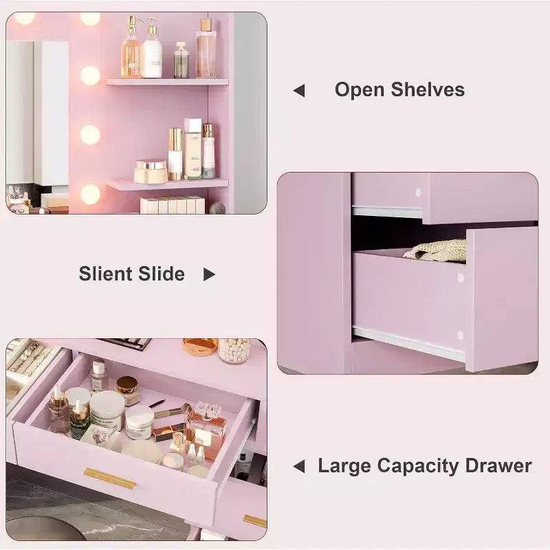 Toeletta da trucco rosa da 61" con specchio e luci, 8 cassetti, mensole a 2 livelli, LED regolabile a 3 modalità, robusto MDF per camera da letto