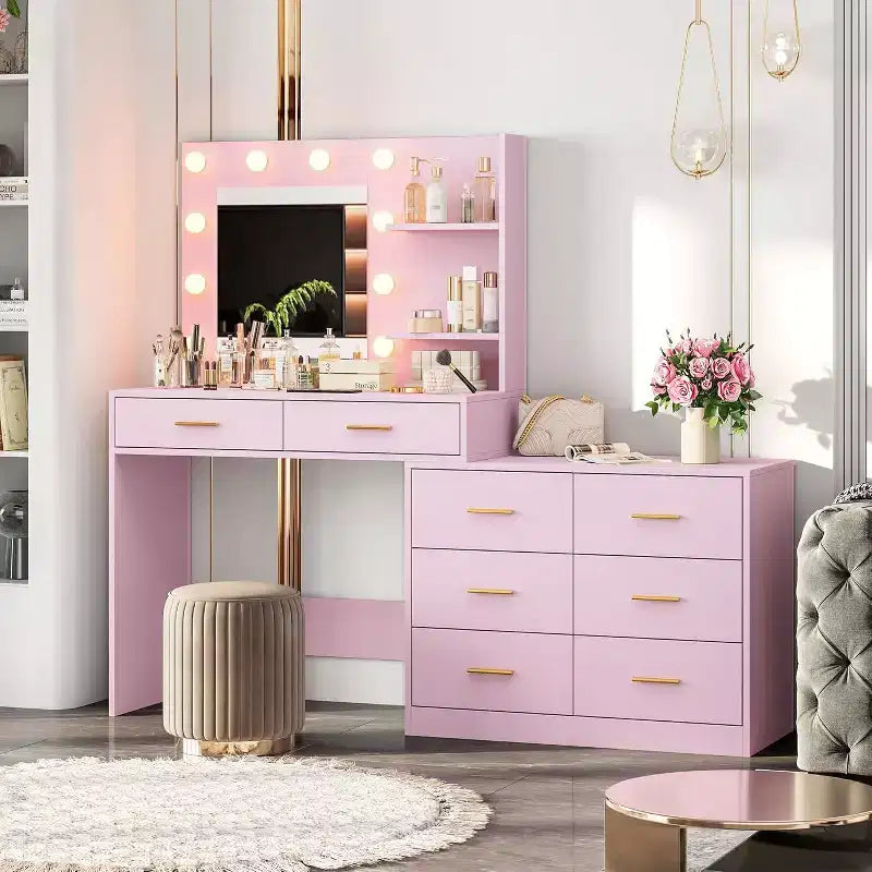 Toeletta da trucco rosa da 61" con specchio e luci, 8 cassetti, mensole a 2 livelli, LED regolabile a 3 modalità, robusto MDF per camera da letto