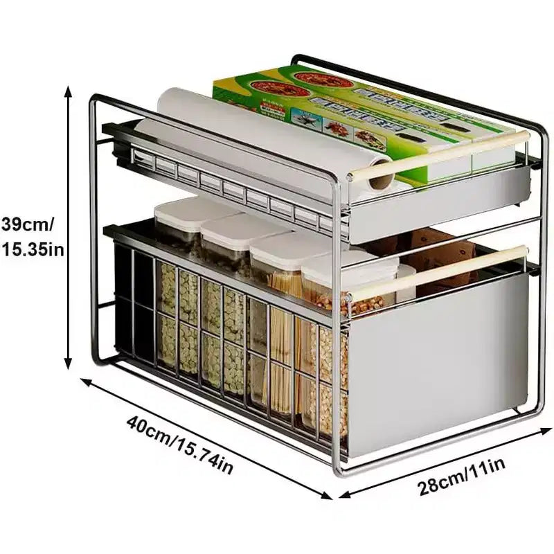 Organizzatore estraibile a 2 ripiani in acciaio inox per mobili con guide a chiusura ammortizzata - Resistente per cucine/dispense