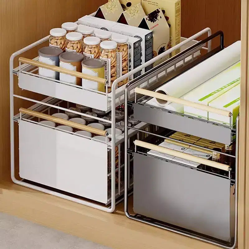 Organizzatore estraibile a 2 ripiani in acciaio inox per mobili con guide a chiusura ammortizzata - Resistente per cucine/dispense