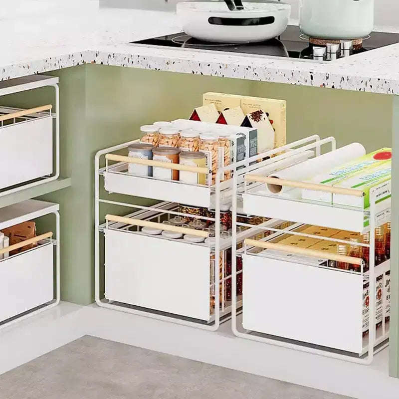 Organizzatore estraibile a 2 ripiani in acciaio inox per mobili con guide a chiusura ammortizzata - Resistente per cucine/dispense