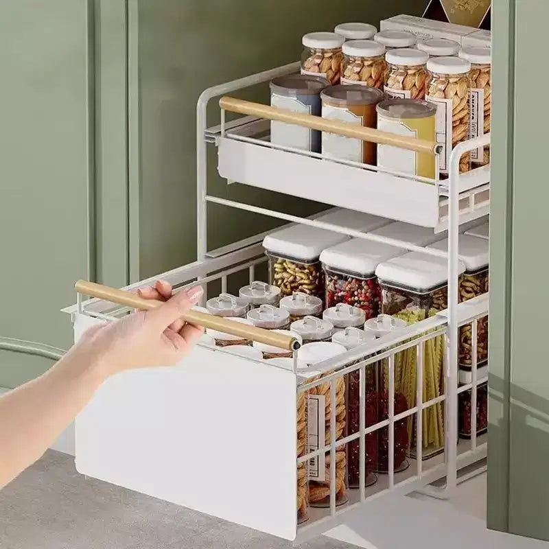 Organizzatore estraibile a 2 ripiani in acciaio inox per mobili con guide a chiusura ammortizzata - Resistente per cucine/dispense