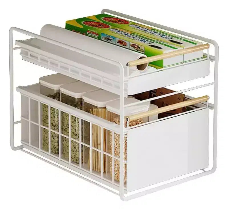 Organizzatore estraibile a 2 ripiani in acciaio inox per mobili con guide a chiusura ammortizzata - Resistente per cucine/dispense