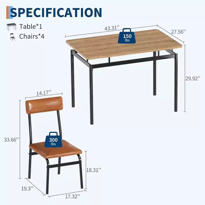 Set da pranzo da 5 pezzi con tavolo in legno e 4 sedie imbottite in PU, struttura in metallo industriale, set compatto per cucina e sala da pranzo