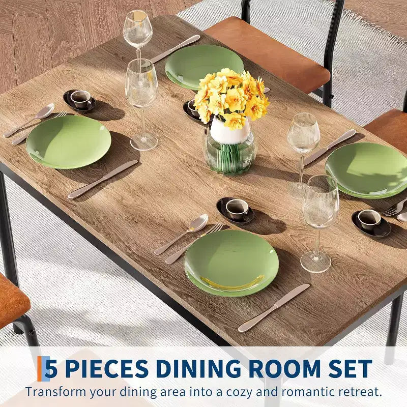 Set da pranzo da 5 pezzi con tavolo in legno e 4 sedie imbottite in PU, struttura in metallo industriale, set compatto per cucina e sala da pranzo
