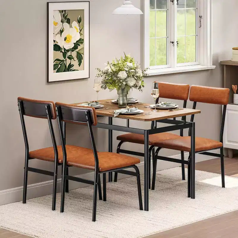 Set da pranzo da 5 pezzi con tavolo in legno e 4 sedie imbottite in PU, struttura in metallo industriale, set compatto per cucina e sala da pranzo
