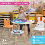 Set tavolo e sedie in legno per bambini con animali a 3 posti (cucciolo, gattino e coniglio) e sgabello per adulti per arti e mestieri, sala da pranzo, giochi di finzione - Mobili per sala giochi per