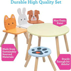 Set tavolo e sedie in legno per bambini con animali a 3 posti (cucciolo, gattino e coniglio) e sgabello per adulti per arti e mestieri, sala da pranzo, giochi di finzione - Mobili per sala giochi per