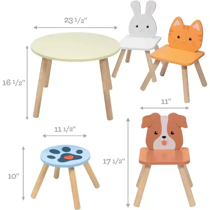 Set tavolo e sedie in legno per bambini con animali a 3 posti (cucciolo, gattino e coniglio) e sgabello per adulti per arti e mestieri, sala da pranzo, giochi di finzione - Mobili per sala giochi per