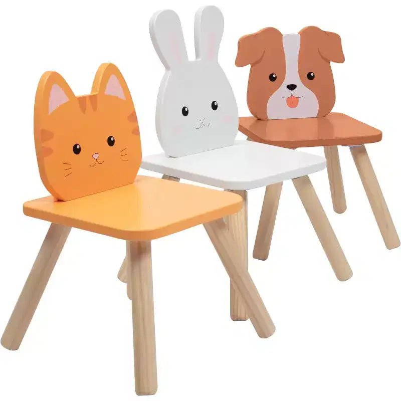 Set tavolo e sedie in legno per bambini con animali a 3 posti (cucciolo, gattino e coniglio) e sgabello per adulti per arti e mestieri, sala da pranzo, giochi di finzione - Mobili per sala giochi per