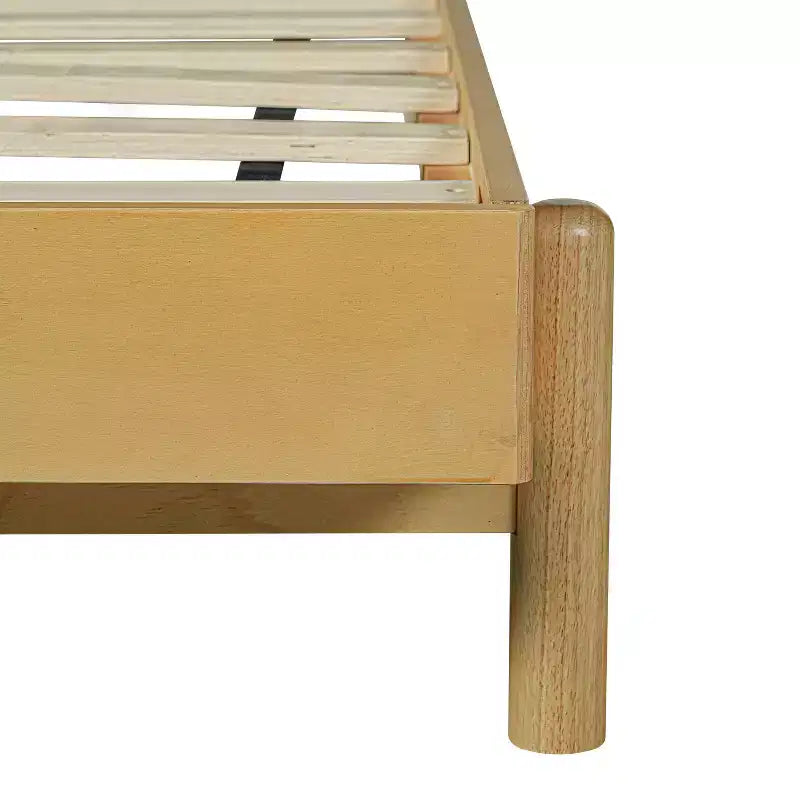 Struttura letto a piattaforma in legno di gomma di metà secolo con testiera a fascia in ecopelle