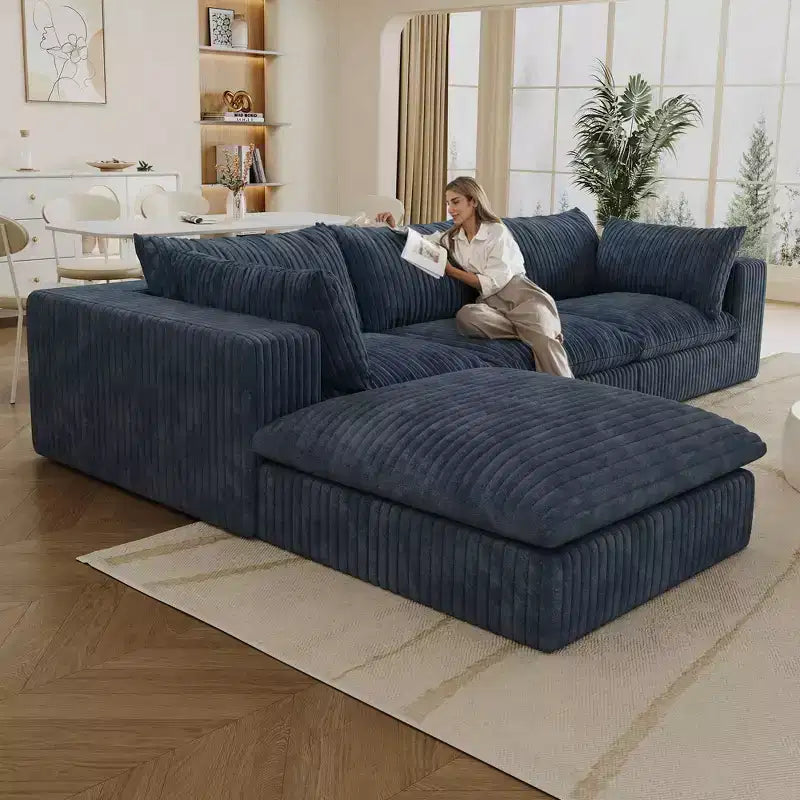 118.2 Divano Blue Cloud con Pouf, Tessuto a Coste con Seduta Profonda, Design a Doppio Strato, Cuscino Rimovibile, Nessun Montaggio Richiesto