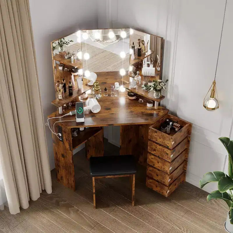 Scrivania ad angolo con specchio, 5 cassetti girevoli, prese di corrente, illuminazione regolabile, mensole e sgabello per camera da letto, tavolo da trucco