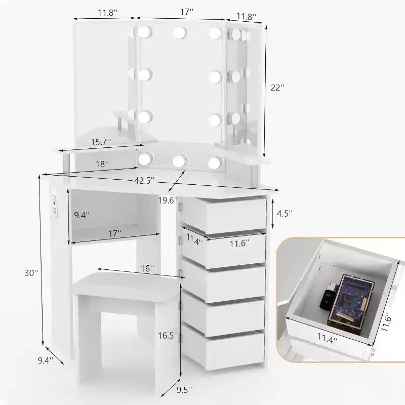 Scrivania ad angolo con specchio, 5 cassetti girevoli, prese di corrente, illuminazione regolabile, mensole e sgabello per camera da letto, tavolo da trucco