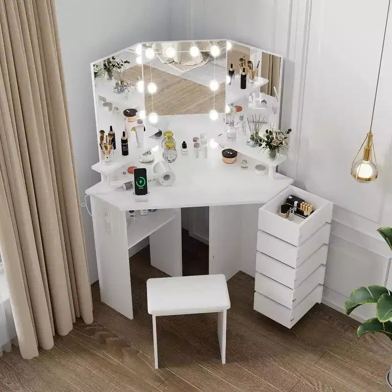 Scrivania ad angolo con specchio, 5 cassetti girevoli, prese di corrente, illuminazione regolabile, mensole e sgabello per camera da letto, tavolo da trucco