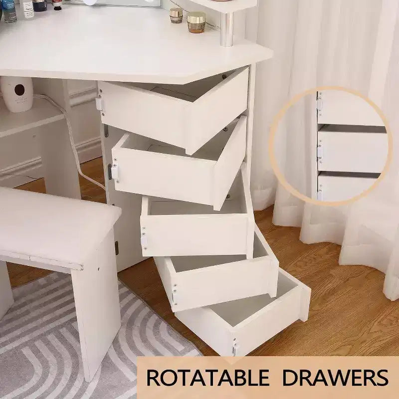 Scrivania ad angolo con specchio, 5 cassetti girevoli, prese di corrente, illuminazione regolabile, mensole e sgabello per camera da letto, tavolo da trucco