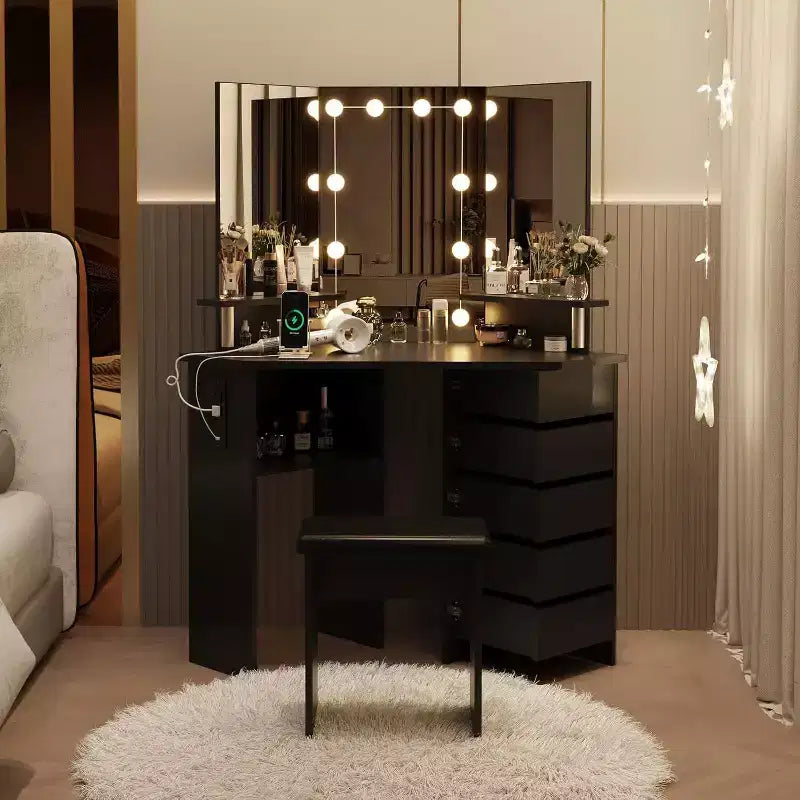 Scrivania ad angolo con specchio, 5 cassetti girevoli, prese di corrente, illuminazione regolabile, mensole e sgabello per camera da letto, tavolo da trucco