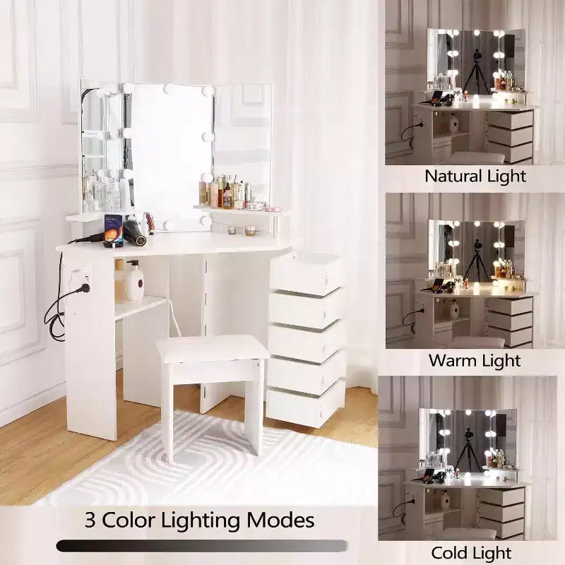 Scrivania ad angolo con specchio, 5 cassetti girevoli, prese di corrente, illuminazione regolabile, mensole e sgabello per camera da letto, tavolo da trucco
