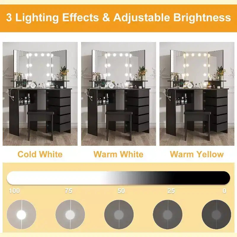 Scrivania ad angolo con specchio, 5 cassetti girevoli, prese di corrente, illuminazione regolabile, mensole e sgabello per camera da letto, tavolo da trucco