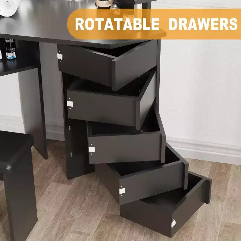 Scrivania ad angolo con specchio, 5 cassetti girevoli, prese di corrente, illuminazione regolabile, mensole e sgabello per camera da letto, tavolo da trucco