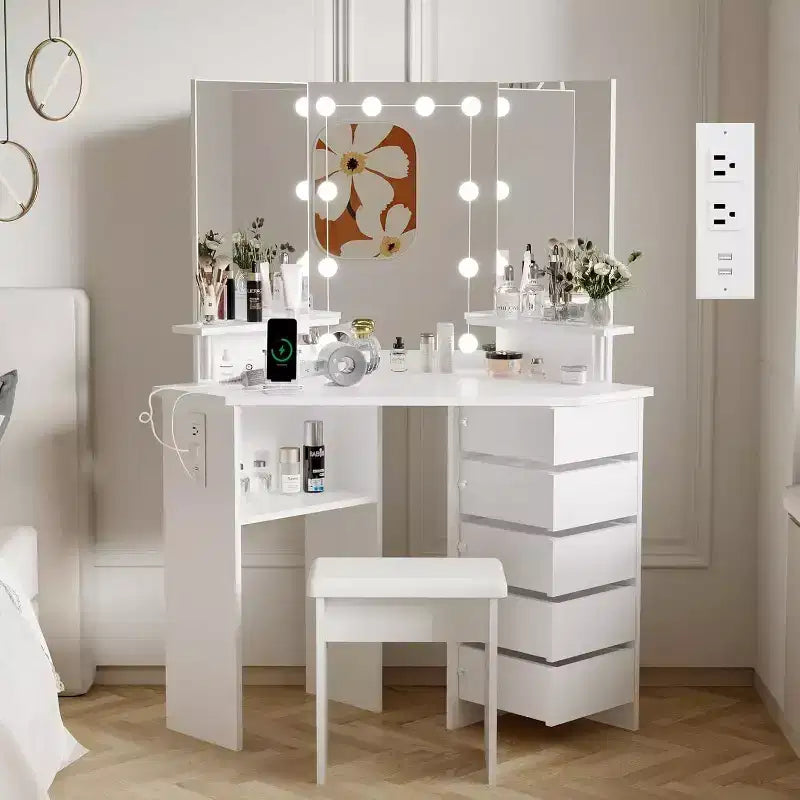 Scrivania ad angolo con specchio, 5 cassetti girevoli, prese di corrente, illuminazione regolabile, mensole e sgabello per camera da letto, tavolo da trucco