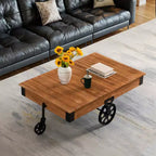 Tavolino da Caffè Grande Rustico Vintage Industriale in Legno con Venature Dettagliate, Accenti in Metallo e Ruote Nere in Ghisa da Carrello