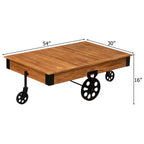 Tavolino da Caffè Grande Rustico Vintage Industriale in Legno con Venature Dettagliate, Accenti in Metallo e Ruote Nere in Ghisa da Carrello