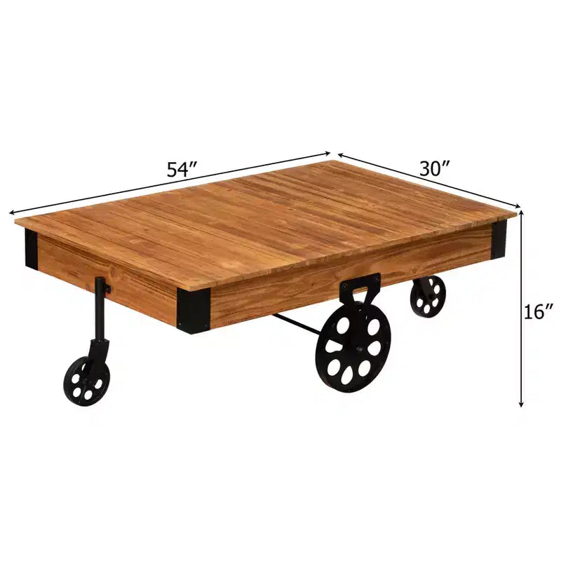 Tavolino da Caffè Grande Rustico Vintage Industriale in Legno con Venature Dettagliate, Accenti in Metallo e Ruote Nere in Ghisa da Carrello