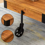 Tavolino da Caffè Grande Rustico Vintage Industriale in Legno con Venature Dettagliate, Accenti in Metallo e Ruote Nere in Ghisa da Carrello