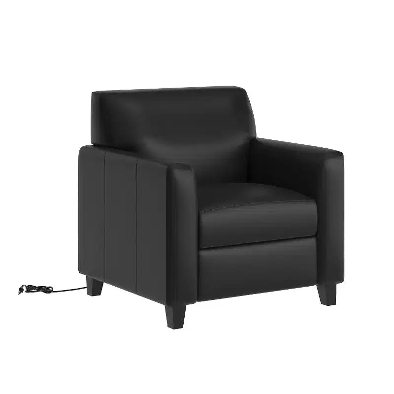 Poltrona da ricevimento Agent in LeatherSoft Nera con Pannello di Ricarica sul Lato Destro, Include 2 Prese di Corrente, 2 Porte USB, 1 Porta USB-C, Gambe in Legno Massello