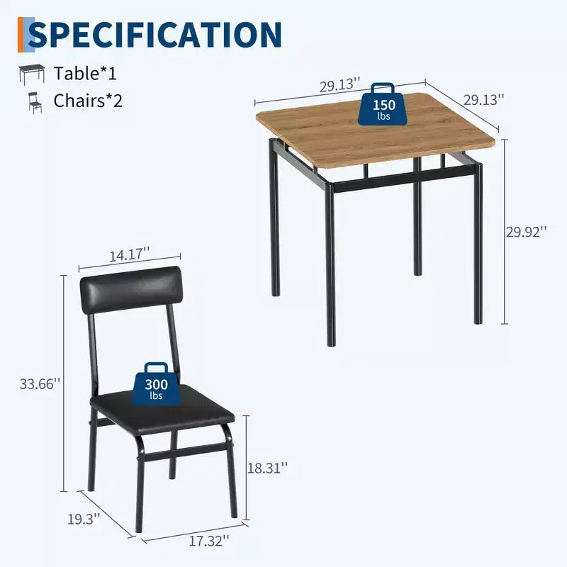 Set da Pranzo 3 Pezzi, con 2 Sedie Rivestite in PU