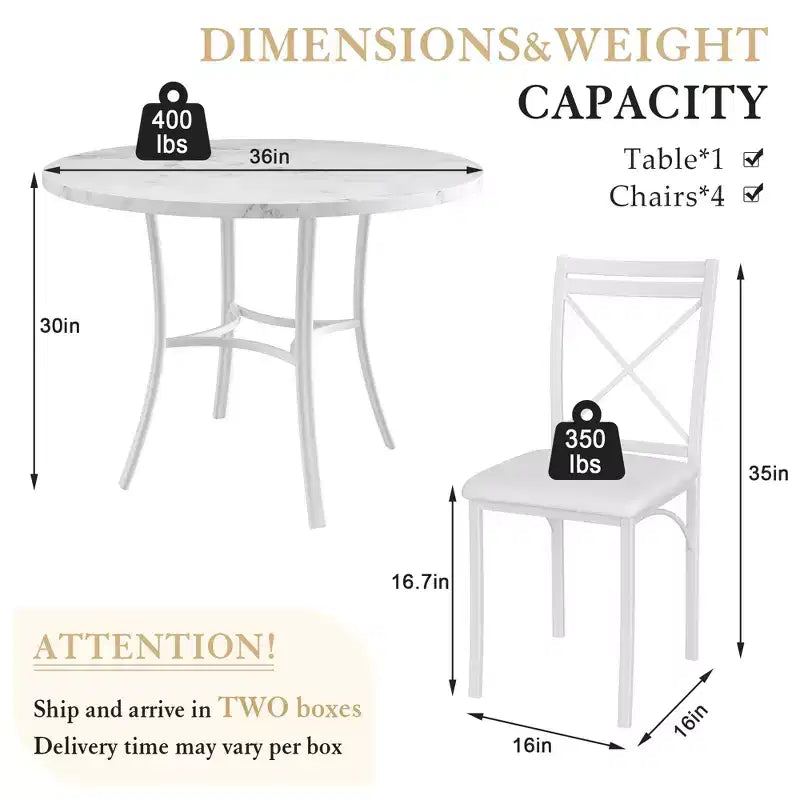 Set da pranzo da 5 pezzi per 4 persone, tavolo da pranzo in finto marmo con 4 sedie per cucina, piccoli spazi, nero/bianco