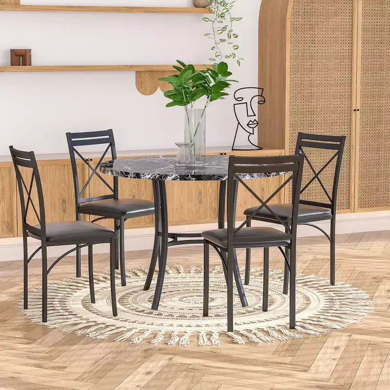 Set da pranzo da 5 pezzi per 4 persone, tavolo da pranzo in finto marmo con 4 sedie per cucina, piccoli spazi, nero/bianco