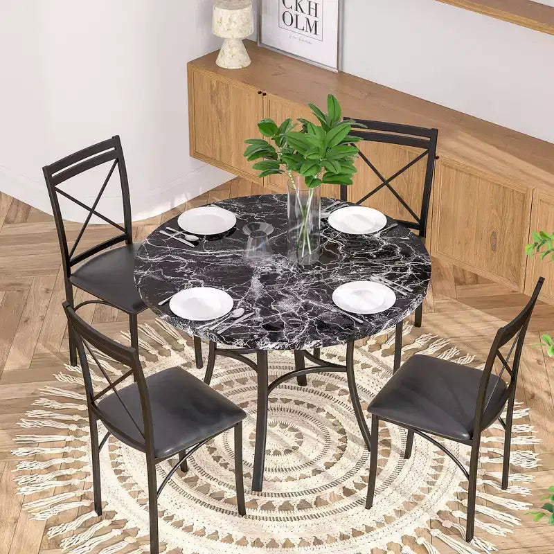 Set da pranzo da 5 pezzi per 4 persone, tavolo da pranzo in finto marmo con 4 sedie per cucina, piccoli spazi, nero/bianco