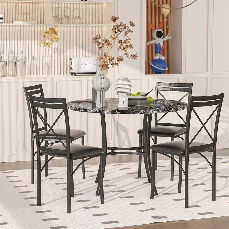Set da pranzo da 5 pezzi per 4 persone, tavolo da pranzo in finto marmo con 4 sedie per cucina, piccoli spazi, nero/bianco