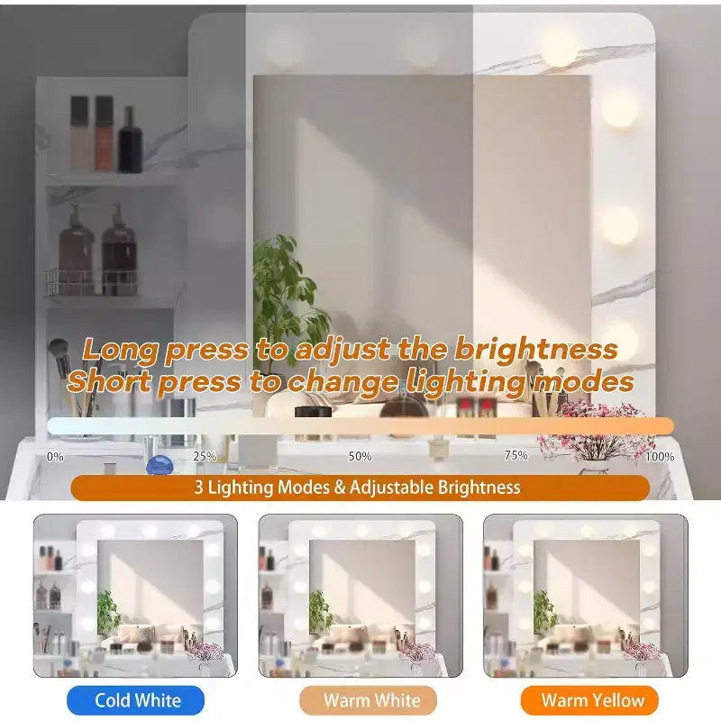 Toeletta con Specchio, Sgabello e Luci a 3 Colori, Tavolo Trucco con Presa di Corrente, Tavolo da Trucco con Supporto per Asciugacapelli per Camera da Letto