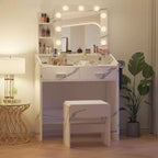 Toeletta con Specchio, Sgabello e Luci a 3 Colori, Tavolo Trucco con Presa di Corrente, Tavolo da Trucco con Supporto per Asciugacapelli per Camera da Letto