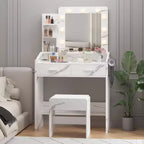 Toeletta con Specchio, Sgabello e Luci a 3 Colori, Tavolo Trucco con Presa di Corrente, Tavolo da Trucco con Supporto per Asciugacapelli per Camera da Letto