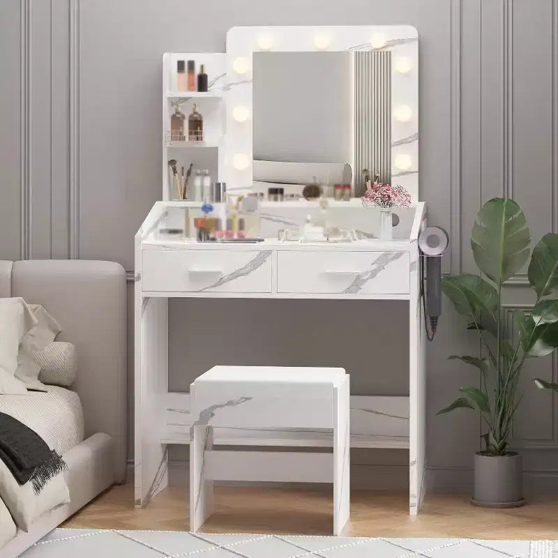 Toeletta con Specchio, Sgabello e Luci a 3 Colori, Tavolo Trucco con Presa di Corrente, Tavolo da Trucco con Supporto per Asciugacapelli per Camera da Letto