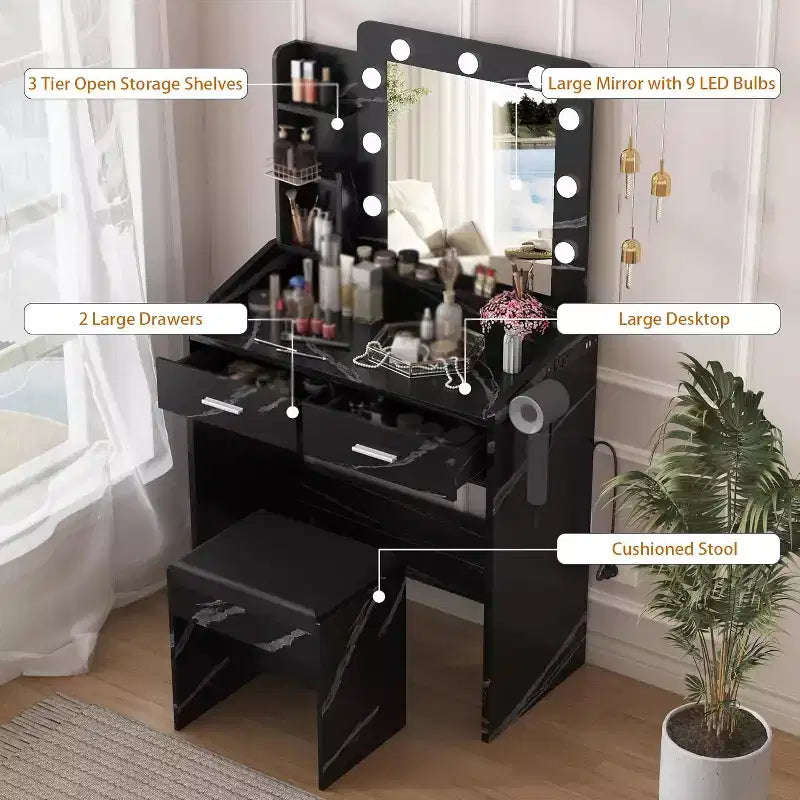 Toeletta con Specchio, Sgabello e Luci a 3 Colori, Tavolo Trucco con Presa di Corrente, Tavolo da Trucco con Supporto per Asciugacapelli per Camera da Letto