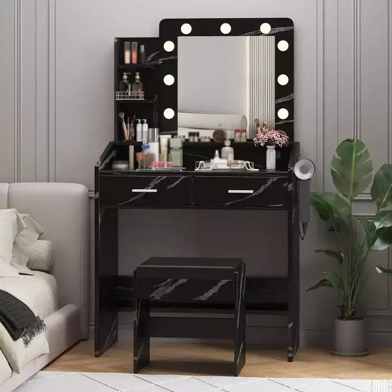 Toeletta con Specchio, Sgabello e Luci a 3 Colori, Tavolo Trucco con Presa di Corrente, Tavolo da Trucco con Supporto per Asciugacapelli per Camera da Letto