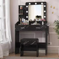 Vanity Desk with Mirror, Stool and Lights 3 Colors, Makeup Table with Power Outlet, Dressing Table with Hairdryer Holder for Bedroom
