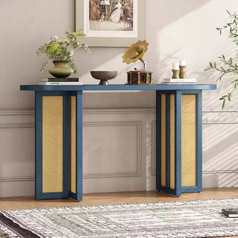 Consolle stretta in rattan con contenitore per soggiorno e corridoio, blu notte