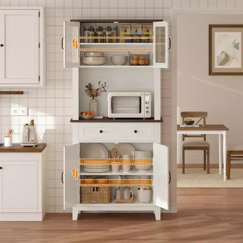 Dispensa da fattoria alta 72" con ante e cassetto, mobile dispensa con ripiani regolabili, mobiletto indipendente per cucina o angolo caffè, bianco+marrone
