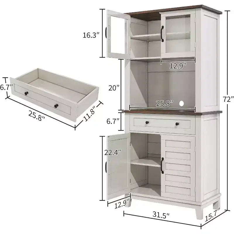 Dispensa da fattoria alta 72" con ante e cassetto, mobile dispensa con ripiani regolabili, mobiletto indipendente per cucina o angolo caffè, bianco+marrone