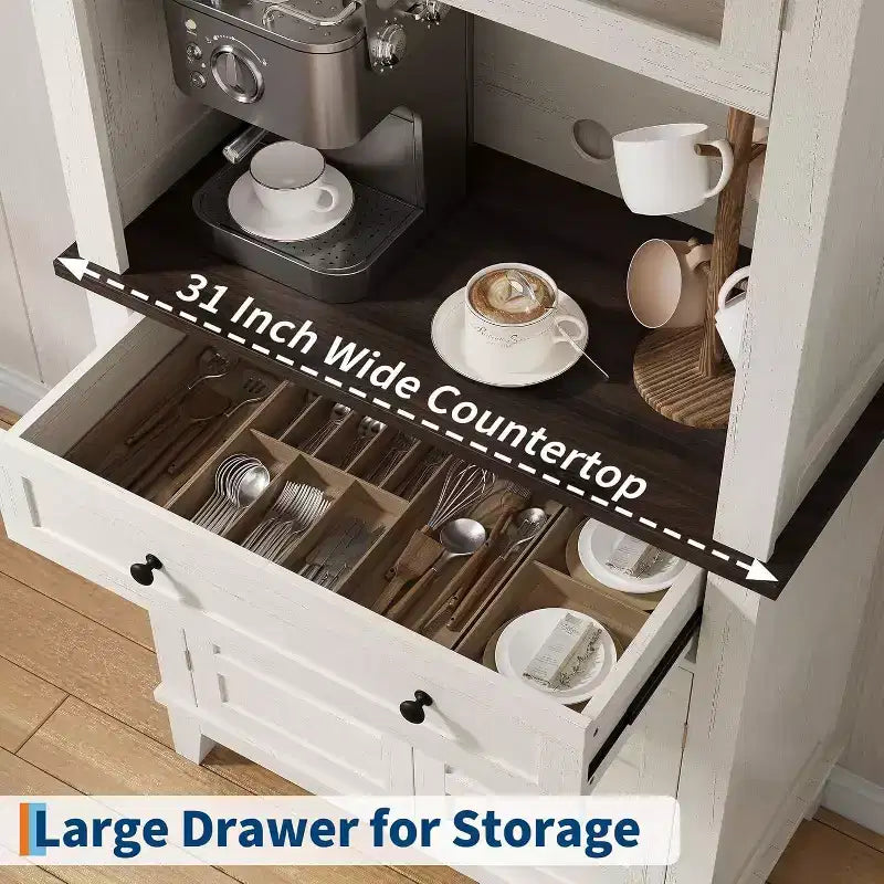 Dispensa da fattoria alta 72" con ante e cassetto, mobile dispensa con ripiani regolabili, mobiletto indipendente per cucina o angolo caffè, bianco+marrone