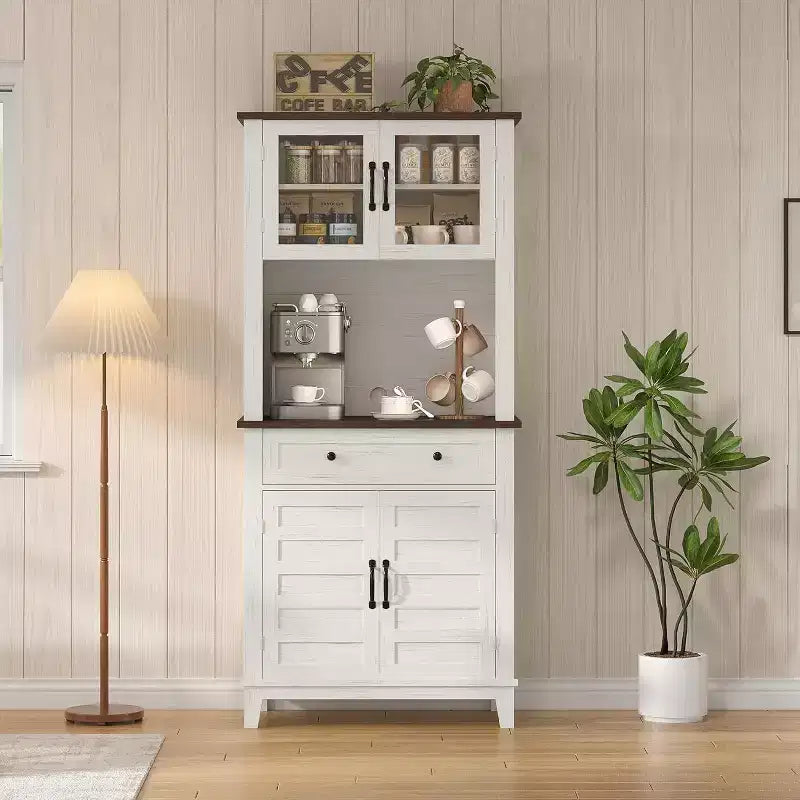 Dispensa da fattoria alta 72" con ante e cassetto, mobile dispensa con ripiani regolabili, mobiletto indipendente per cucina o angolo caffè, bianco+marrone